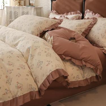 Imagem de Capa de edredom King com babados, 100% algodão, vintage, floral, estética, rosa, floral, romântico, botânico, floral, capa de edredom de renda com 2 fronhas