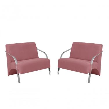 Imagem de Kit 2 Poltronas 2 Lugares Braço Alumínio Suede Rosa