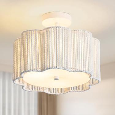 Imagem de Tbaoinla Luminária Boho E Teto De Rattan - Montagem Embutida Em Flor Neve Com Texturas Lua Do Deserto, Design Tecido Branco Para Quarto/Corredor Elegância Boêmia