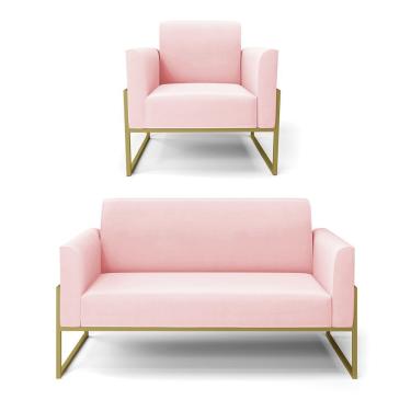 Imagem de Sofá Namoradeira Com Poltrona Base Industrial Alta Dourado Marisa Suede Rosa Bebê D03 - D\'rossi