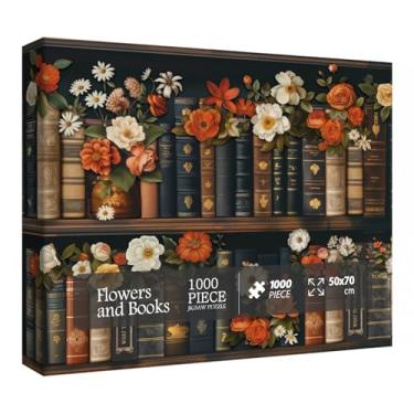 Imagem de Vintage Books Flower Puzzles for Adults 1000 Pieces, Beautiful Bookshelf Floral Jigsaw Puzzles, Art Challenging Plant Wildflower Puzzle