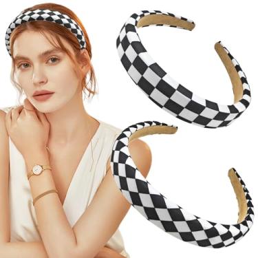 Imagem de Pacote com 2 faixas de cabeça quadriculadas pretas e brancas, faixa de cabeça acolchoada quadriculada, esponja, faixa de cabeça inchada, faixa de cabeça para mulheres, acessórios de cabelo para festa