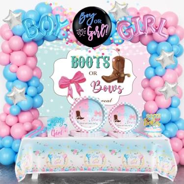 Imagem de Homond Decorações Para Revelação De Sexo Com Botas Ou Laços Homond, Artigos Bebês Meninos E Meninas, Serve 24 Convidados, Balões, Toalhas Mesa, Pratos, Guardanapos, Garfos Festa Rosa Azul