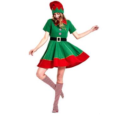 Imagem de STARCIET Vestido feminino de fantasia de elfo natalino com chapéu e meia fantasia de elfo para mulheres (pequeno)