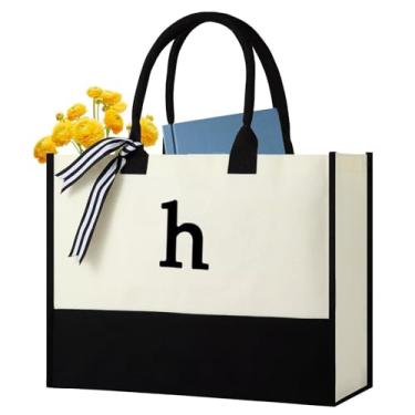 Imagem de Sacolas personalizadas com inicial de lona, monograma bordado com alça de couro, presente adequado para mãe, casamento, praia, Preto e branco