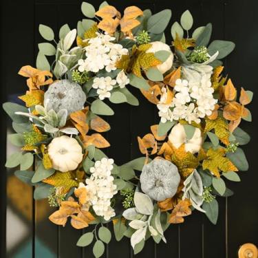 Imagem de Quixem Guirlanda de outono de 55 cm para porta da frente, guirlanda de colheita de abóbora de outono com orelha de eucalipto e cordeiro, decoração de porta de ação de graças de fazenda
