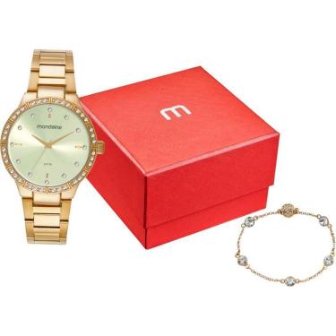 Imagem de Kit Relógio Mondaine Feminino Cristais Dourado com Semijoias 32832LPMKDE1K1-Feminino