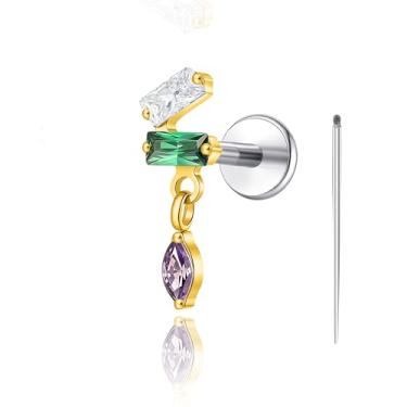 Imagem de limerencia Piercing corporal de titânio 18G, brinco de rosca interna com costas planas tragus helix cartilagem concha medusa brinco para mulheres e homens, 1 peça (dourado, 2 pendentes)