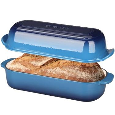 Imagem de EDGING CASTING Forma de pão de ferro fundido esmaltado com tampa, forno holandês para assar pão caseiro, 32 x 14 cm, 5 litros, azul lago