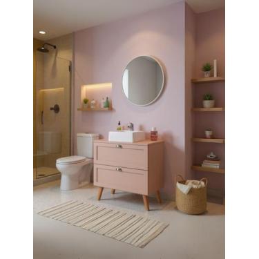 Imagem de Gabinete para Banheiro com Tampo Cuba e Espelho Redondo 80cm Retro Mdf