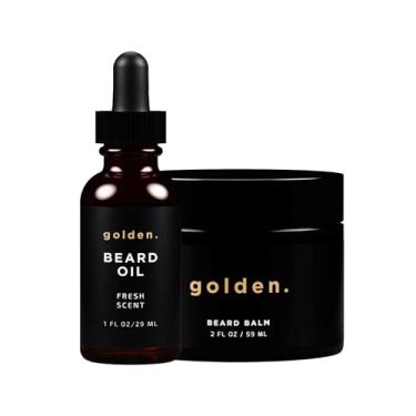 Imagem de Pacote de óleo e bálsamo para barba Golden Grooming para homens | Kit de crescimento natural com manteiga de karité | Bálsamo de 60 ml e óleo de 30 ml | Aroma fresco