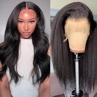 Imagem de Perucas de cabelo humano liso Kinky Yaki de cabelo humano 13 x 4 HD transparente cabelo humano peruca frontal para mulheres 180% densidade 55 cm peruca yaki cabelo humano