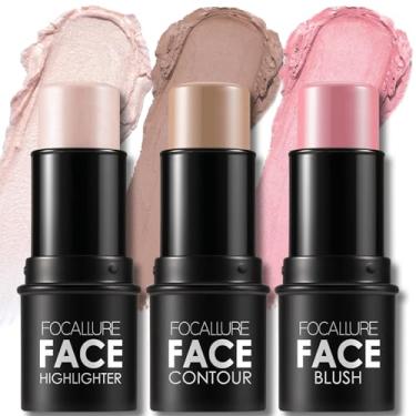 Imagem de FOCALLURE 3 palitos de contorno de creme, tons com iluminador, bronzeador e blush, caneta de contorno facial de longa duração não oleosa, fácil de esculpir o rosto e criar uma maquiagem de acabamento