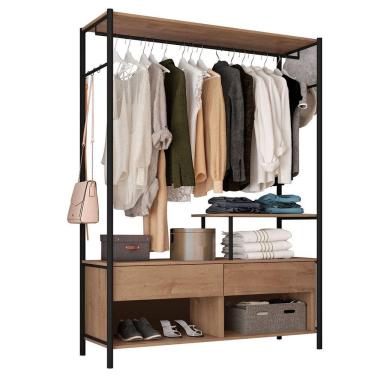 Imagem de Guarda-roupa 3 Prateleiras 2 Gavetas Aço Carbono E Mdf Com Cabideiro Bianca Preto / Demolição