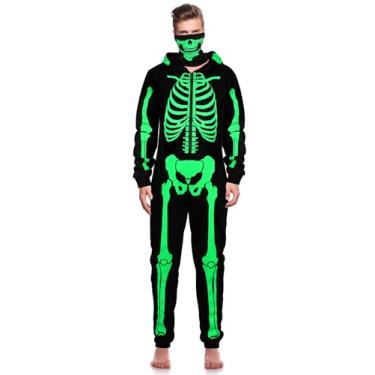 Imagem de SOMSOC Fantasia masculina de esqueleto de Halloween que brilha no escuro macacão de esqueleto adulto pijama Halloween caveira capa de macacão, Preto, P