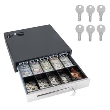 Imagem de HK SYSTEMS Gaveta de dinheiro SAFE40.6 cm para POS, sem logotipo, preta, DC 24V/Micro Switch, RJ12, 1 slot, bandeja de dinheiro removível e ajustável 5 notas/5 moedas, prendedor de fio de metal, 6
