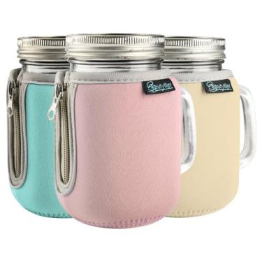 Imagem de Beautyflier Mason Jar 473 ml Canecas de vidro com alça isolante, capa de conserva de neoprene para copos de vidro de 473 ml, copos reutilizáveis para garrafas de água de smoothie, apenas manga (cor 1)