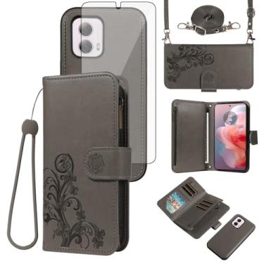 Imagem de Asuwish Capa de celular para Motorola Moto G Power 5G 2024 com zíper carteira magnética destacável com protetor de tela de vidro temperado, alça transversal, suporte de cartão de flores G5 mulheres
