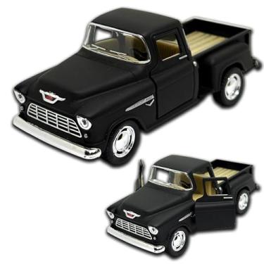 Imagem de Miniatura de carro Chevrolet Stepside 1955 em Metal, com fricção, pneus em borracha, abertura de portas laterais, 12 CM, 1/32, Resistente a quedas (Preto fosco)