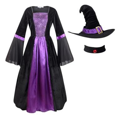 Imagem de yolsun Fantasia de bruxa feminina, vestido de bruxa malvada, fantasia de bruxa de bruxa, Halloween, Aranha roxa preta, P