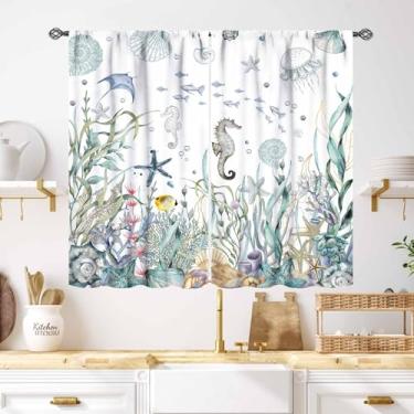 Imagem de Cortinas de praia náuticas, cavalo-marinho costeiro submarino animal azul quarto infantil cortinas tratamentos, oceano coral verão sala de estar banheiro conjunto de 2 peças, 139 x 99 centímetros