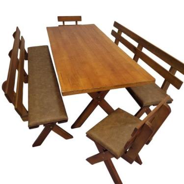 Imagem de Conjunto Mesa de Madeira Maciça Para Churrasco Mel 4 Bancos Estofados 