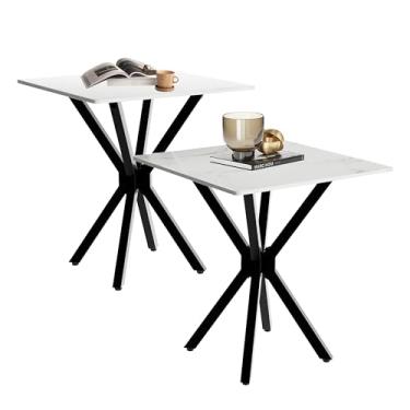 Imagem de IMHKAM Conjunto de 2 mesas laterais de mármore branco, mesa de canto quadrada moderna com tampo de pedra sinterizada e pernas de metal preto, mesa de centro de sofá pequena para sala de estar e