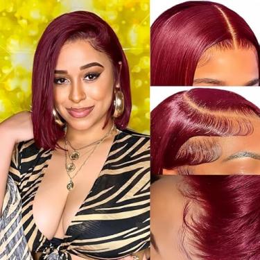 Imagem de Yijimei Peruca Bob Cabelo Humano 99j Borgonha Lace Front Wigs 13x4 HD Transpaent Lace Glueless Perucas Pré Arrancadas com Cabelo de Bebê Densidade 180 12A Peruca Bob Curta Lisa para Mulheres (99J 13x4