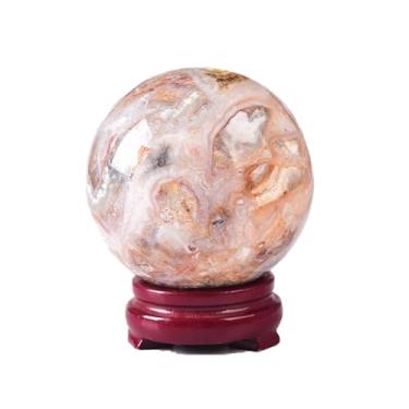 Imagem de JIC Gem Esfera de cristal de ágata listrada natural com suporte de madeira bola de cristal decorativa para meditação Feng Shui decoração estilo bruxa 70-80 mm