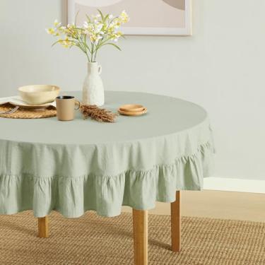 Imagem de MONDAY MOOSE Toalha de mesa rústica de algodão lavado em pedra natural com babados Farmhouse para cozinha, sala de jantar, restaurante (152 cm redonda, verde sálvia)