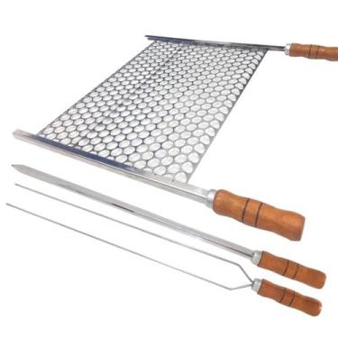 Imagem de Kit Grelha Moeda Inox 60x36 Para Churrasco Cabo Madeira com - INOX LAU