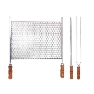 Imagem de Kit Grelha Moeda Inox 40x36 Para Churrasco Cabo Madeira com - INOX LAU