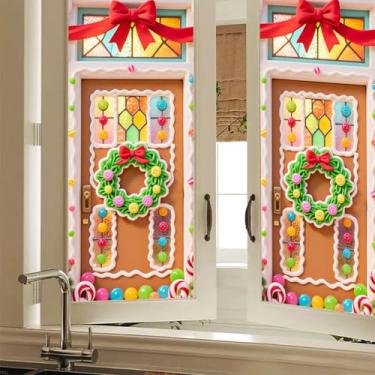 Imagem de HOMETITUTE Porta de biscoito de gengibre de Natal com guirlanda de doces de vitral, filme decorativo para janela, para quarto, sala de estar, escritório, 48 x 100 cm