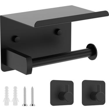 Imagem de Suporte de papel higiênico com prateleira de telefone, suporte de rolo de papel higiênico de parede com 2 ganchos adesivos para toalhas, dispensador de armazenamento de bobina de lenços de aço