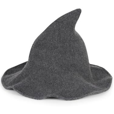 Imagem de Vovocas Chapéu de bruxa de Halloween para mulheres - chapéus de bruxa pretos para adultos, acessório de fantasia para festa cosplay, boné de lã moderno de bruxa, Chapéu de bruxa cinza, Witch Hat