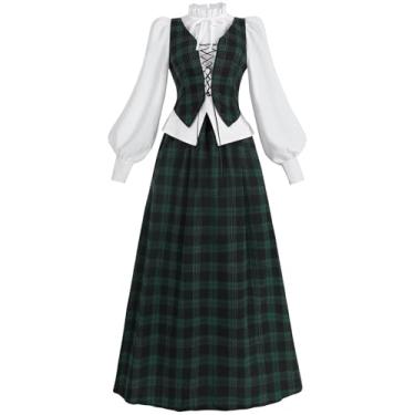 Imagem de Vestido feminino xadrez vitoriano FCCAM manga longa 1800 vestidos eduardianos fantasia vestido de baile com bolsos P, Verde-branco, GG