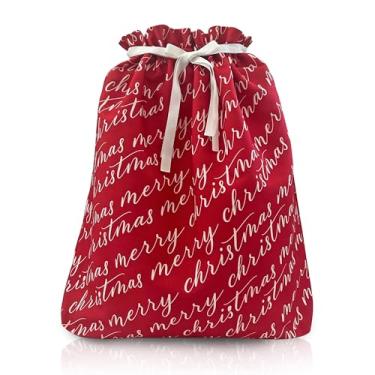 Imagem de Sacos de presente de Natal com cordão e nó | Extragrande de 56 cm | Lona premium | Tecido reutilizável para feriados | Misture e combine | Vermelho Feliz Natal