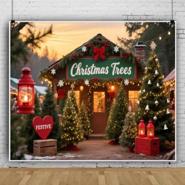 Imagem de Árvore de Natal de 3,7 x 3 m com luzes de fundo e pôr do sol festivo loja de madeira de Natal grande fundo para fotografia de Natal Happy Holidays, decorações temáticas, adereços para fotos de estúdio