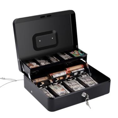 Imagem de Sumerfnt Caixa de dinheiro SAFECash com bandeja de dinheiro e cadeado com cabo de segurança, caixa de dinheiro com trava de metal - 30 x 23,9 x 9 cm, preta