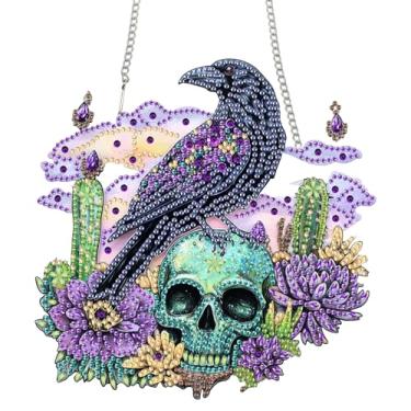 Imagem de Bimkole Kit de pendurar arte de diamante de corvo para adulto, DIY 5D caveiras pintura de arte diamante pingente de janela, ornamento de pendurar arte de cristal acrílico para parede casa jardim