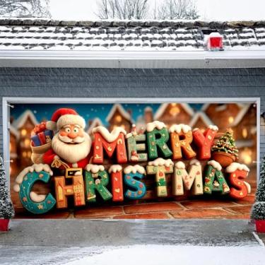 Imagem de Faixa de porta de garagem Feliz Natal 1,8 x 3,5 m, Natal, Papai Noel, boneco de neve, alce, aurora, decorações de Natal 180 x 398 cm, decoração de porta de garagem para festa (10)