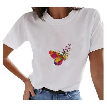 Imagem de Camisetas femininas arco-íris estampadas divertidas camisetas O Neck v