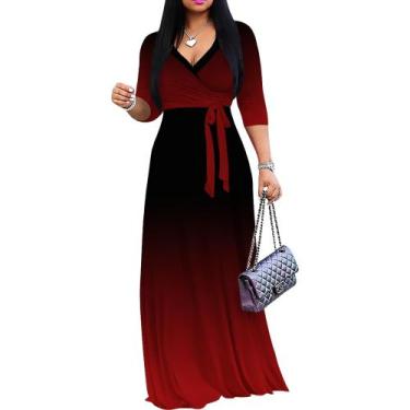 Imagem de Vestido maxi PinkPatty Gradient com decote em V e mangas 3/4 para mulh