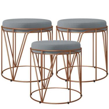 Imagem de Kit 03 Puffs Decorativo Aramado Bronze Zaya L02 Suede Cinza - Lyam Dec