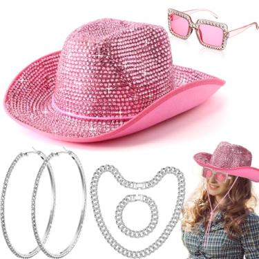 Imagem de Cutecrop 6 peças de chapéu de cowboy com strass, roupa de vaqueira para mulheres, com óculos de sol prateados, elos cubanos, corrente cubana, colar, pulseira e brinco circular (rosa, clássico)