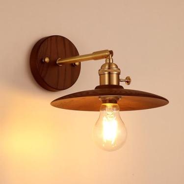 Imagem de Luminária de parede de madeira de nogueira retrô, luminária de parede nórdica de latão com interruptor giratório, luminária de parede de latão giratória moderna vintage, iluminação de decora