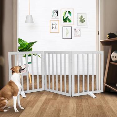 Imagem de SFJC Portão interno para cães, cerca independente para casa, portas, corredores ou escadas, portão para animais de estimação dobrável de madeira, expansível 61 cm de altura, 3 painéis, cinza
