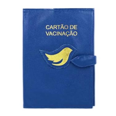 Imagem de Porta Cartão de Vacinação em Couro, Capa Protetora com Detalhe de Pássaro Dourado para Bebês (Azul Marinho)