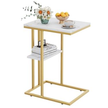 Imagem de Katrawu Mesa lateral em forma de C, mesa de sofá para cama, mesa lateral com moldura de metal, bandeja de TV com mármore branco para pequenos espaços, sala de estar, quarto, cabeceira (ouro)