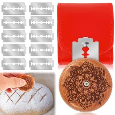 Imagem de Ferramenta de corte de pão de madeira UFO com 10 lâminas e 1 bolsa de couro vermelha, faca de pontuação de massa de fermento para pão caseiro